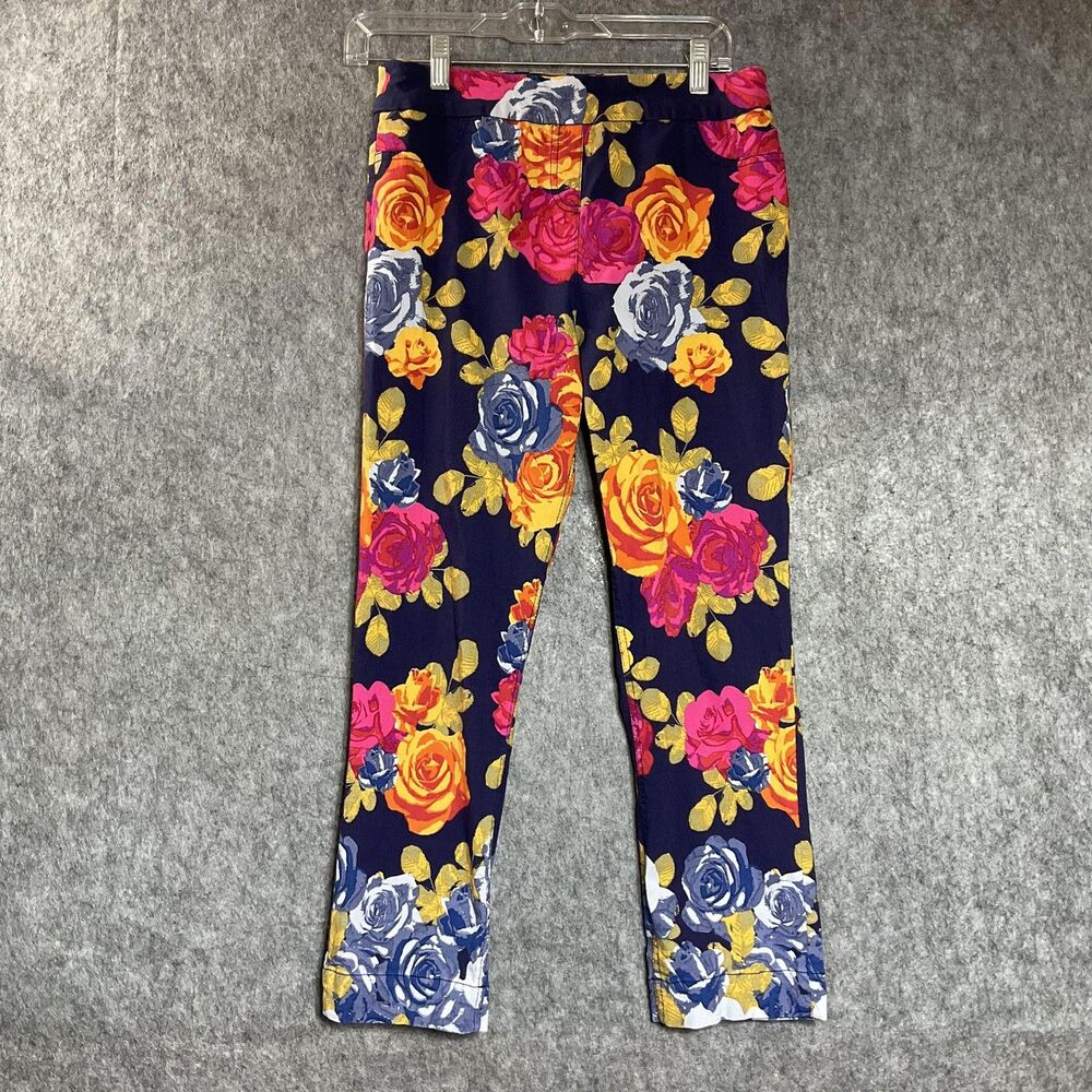 Soft Surroundings Pants Womens Medium Blue Floral Ponte Stretch Capri Cropped